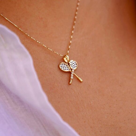 14K Solid Gold Tennis Racquet Pendant 1.4g Two-Tone - Picture 3 of 5